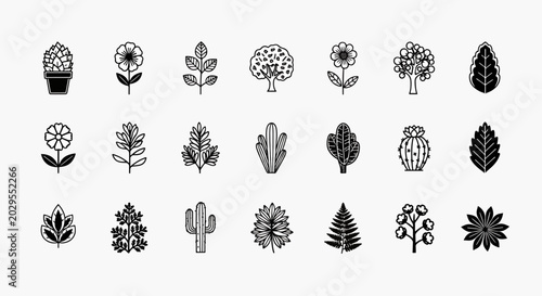 Collection of Diverse Plant and Flower Icons Vector Set Botanical Elements Isolated on White Background