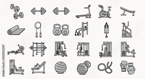 Collection of diverse fitness equipment icons and symbols for a healthy lifestyle and sports training, exercise gear set vector illustration