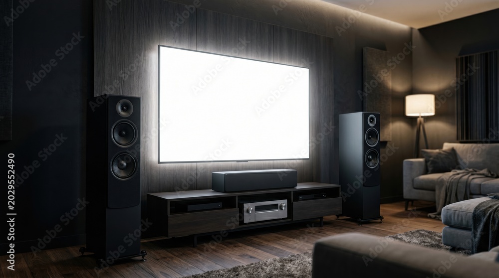 Fototapeta premium Modern home theater interior featuring a blank glowing TV screen mounted on a dark wood wall, high-end audio tower speakers, cozy luxury sofa, warm ambient lighting, and elegant decor.