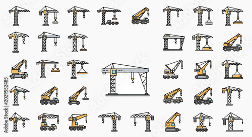 Collection of Diverse Construction Tower Cranes and Mobile Cranes Vector Icons Set, Industrial Equipment Symbols