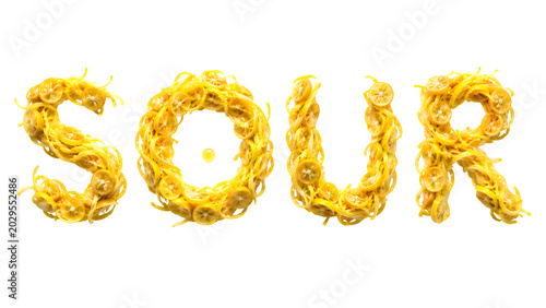 Sour Word Spelled with Sliced Lemon and Citrus on Black Background