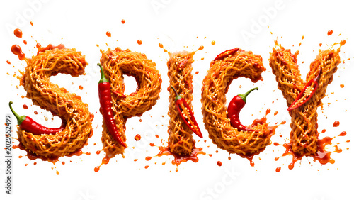 Spicy Word Formed by Steaming Noodles and Red Chilies with Sauce Drips Variant on Black Background
