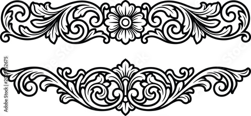 Exquisite black and white vintage floral scroll patterns for elegant decorative borders and graphic design projects.