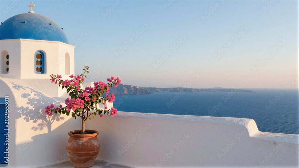 Obraz premium Blue-domed church pink flowers white walls overlooking the sea.