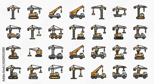 Collection of colorful construction cranes and heavy machinery icons on a white background, vector flat illustrations