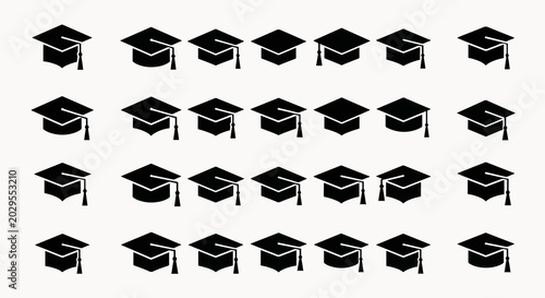 Collection of black graduation caps with tassels shown in rows against a plain white background vector graphic