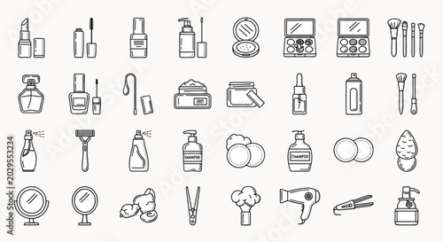 Collection of Beauty and Personal Care Icons Representing Makeup, Skincare, and Grooming Essentials