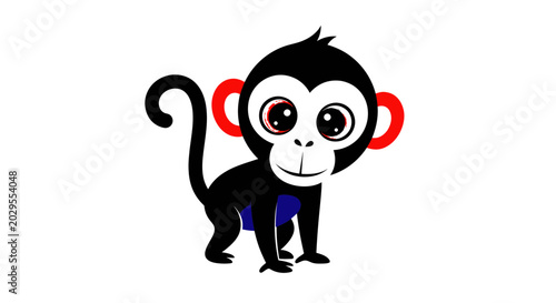 Photography Cute cartoon monkey with big eyes and red ears, isolated on white background