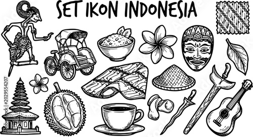 Foto Indonesia Icons: Traditional culture and symbols in black and white line art style