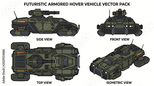 Foto Futuristic Armored Hover Vehicle Vector Pack for SciFi Games.