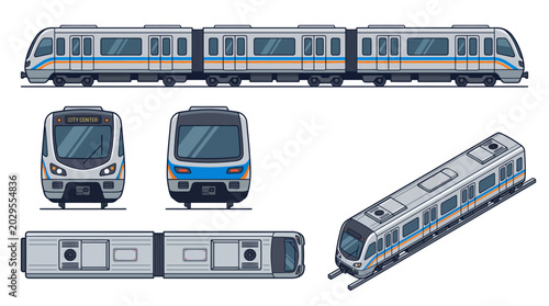 Fotografie Modern commuter train or metro subway vector illustration set.