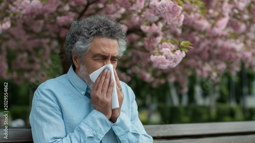 Man blowing nose in tissue during spring allergy season outdoors. Mature person with seasonal rhinitis symptoms sneezing near blooming cherry tree. Pollen reaction and health concept.
