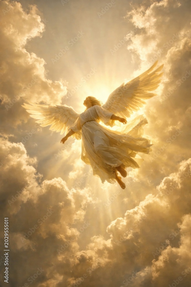 Obraz premium Ethereal angel amidst golden clouds.