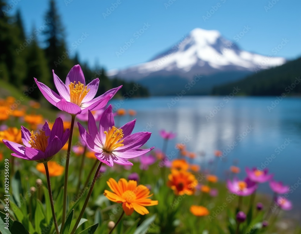 Obraz premium Purple and orange flowers bloom by lake with snow capped Mount Hood visible. Green forest borders calm blue water under clear sky. Peaceful scenic natural landscape.