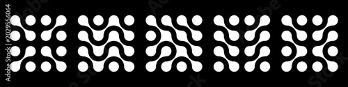 Collection of abstract geometric metaball patterns with fluid connected shapes and modular dot shapes on black background. Modern liquid blob elements set. Minimal retro vector design 