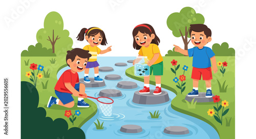 Bild auf Leinwand Children Exploring Nature, Catching Fish in a Stream, Summer Outdoor Fun