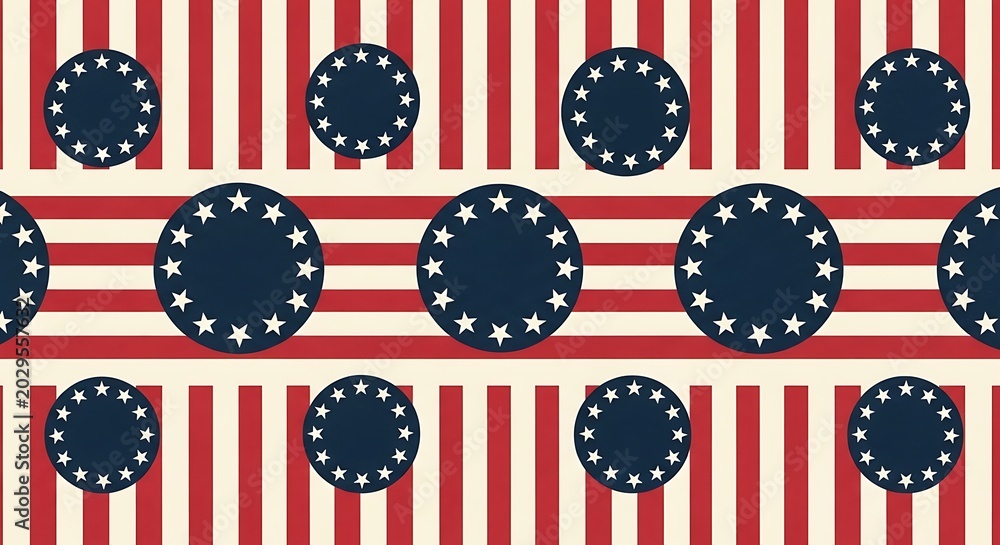 Obraz premium Seamless pattern with black circles featuring white stars over red and white vertical striped background. 13 colonies flag