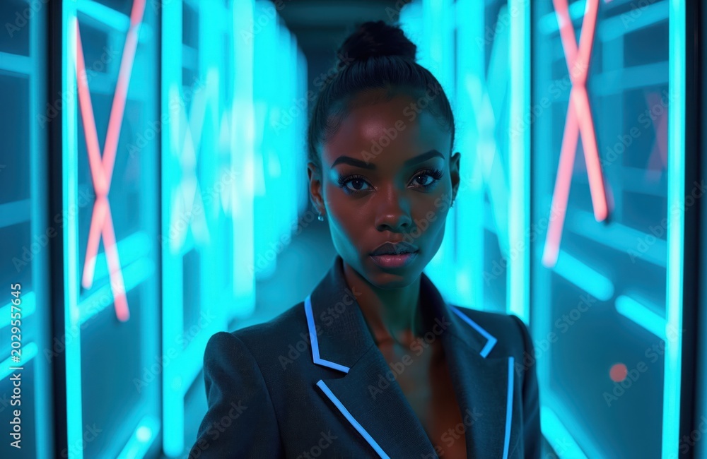 Fototapeta premium Woman in charcoal suit with neon blue trim stands against a modern tunnel of glowing blue and red lights. Her hair is in a bun. She has a confident look.