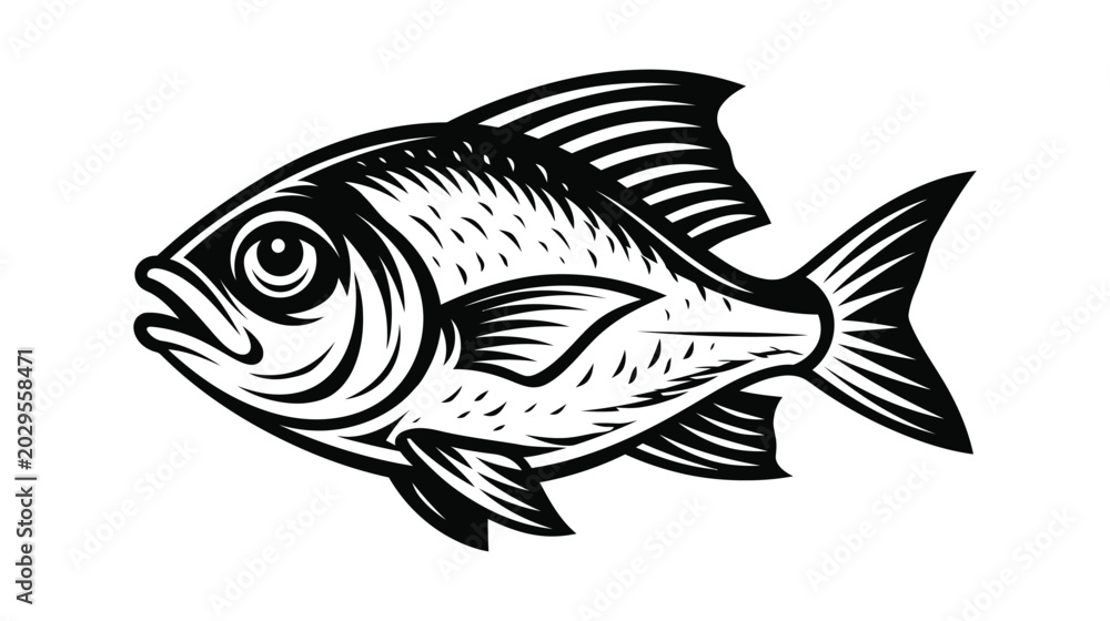 Fototapeta premium Textured graphic of a fish with detailed scales and fins black