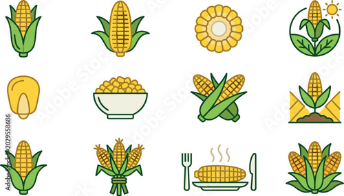 Bild auf Leinwand Fresh Corn Cob and Organic Agriculture Farming Vector Icon Set