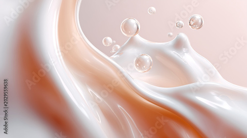Cosmetic cream texture flowing, transparent bubbles floating. Skincare collagen peptides formula, beauty serum hydration treatment, luxurious glossy surface, peach white pastel tones background.