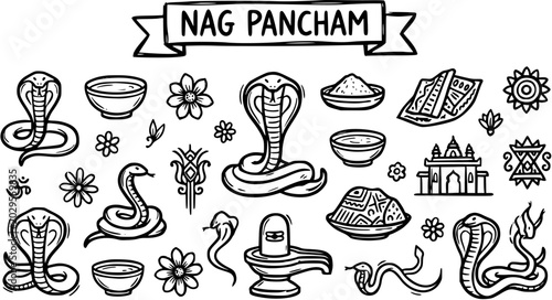 Schilderij op canvas Nag Pancham Hindu Festival Hand-drawn Line Art Doodle Icons Set