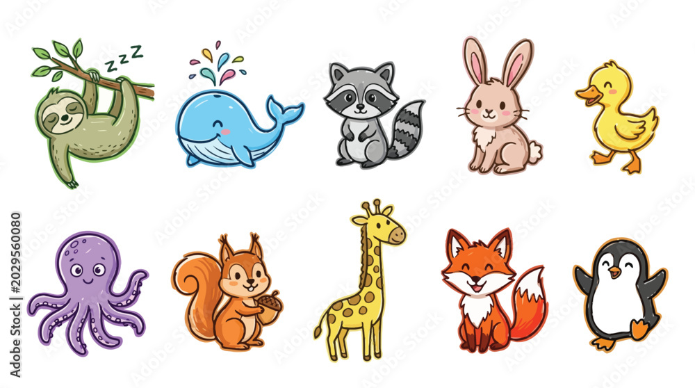 Fototapeta premium Collection of Cute Cartoon Animals Including a Sloth, Whale, Raccoon, Rabbit, Duckling, Octopus, Squirrel, Giraffe, Fox, and Penguin.