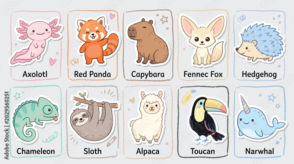 Fototapeta premium Collection of Cute Cartoon Animals with Their Names.