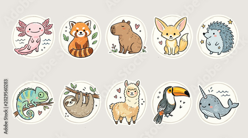 Quadro su tela Collection of cute cartoon animals in circles, including an axolotl, red panda, capybara, fennec fox, hedgehog, chameleon, sloth, alpaca, toucan, and narwhal