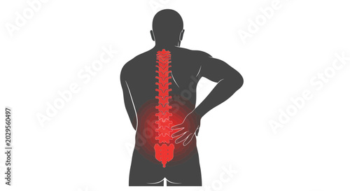 Human Silhouette with Lower Back Pain, Spinal Column Highlighted in Red