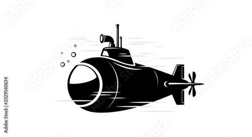 Schilderij op canvas Retro Submarine Illustration, Vintage Style Underwater Vehicle