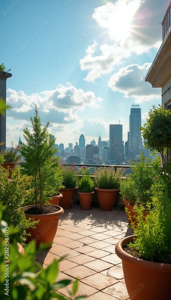 Fototapeta premium City rooftop garden with potted plants herbs vegetables. Sunny sky clouds urban landscape cityscape skyline view. Growing green space outdoor terrace balcony.