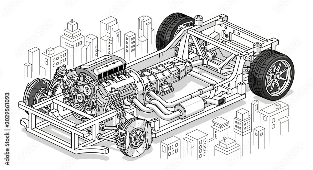 Obraz premium Vehicle Design Blueprint in Urban Environment - Technical Illustration Viewpoint