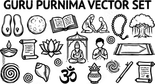 Tableau sur toile Guru Purnima Black and White Line Art Vector Set: Hand-drawn Collection of Hindu Religious, Spiritual, and Cultural Festival Symbols, Icons, and Educational Elements