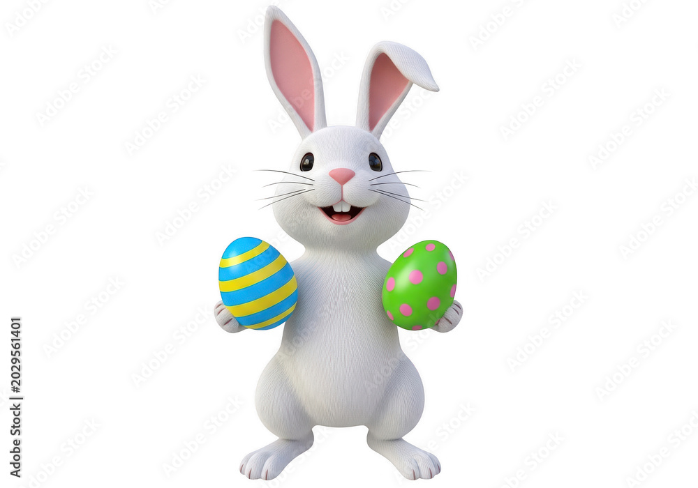 Obraz premium Cute white easter bunny rabbit holding two colorful decorated eggs isolated on transparent background