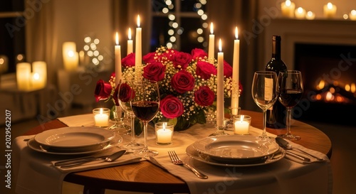 Romantic Dinner Table Setting with Roses, Candles and Wine