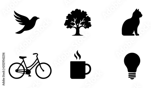 Six Silhouette Icons: Bird, Tree, Cat, Bicycle, Coffee Cup, Lightbulb, Vector Graphics