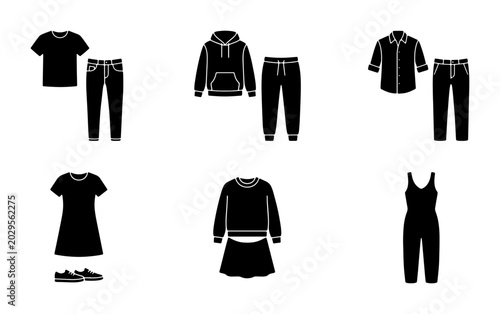 Black Apparel Outfits Vector Icons, Casual Fashion Sets, Clothing Collection Graphics
