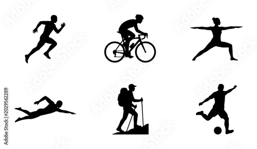 Diverse Sports Silhouettes: Running, Cycling, Yoga, Swimming, Hiking, Soccer Icons for Active Lifestyles