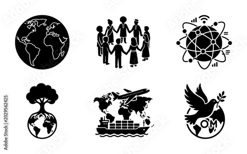 Global Connection Icons: Earth, Community, Technology, Nature, Trade, Peace Concepts