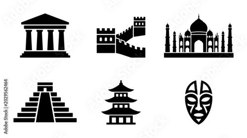 Global Landmarks Icons: Ancient Architecture, Asian Temples, Mayan Pyramids, Tribal Masks, Vector Set