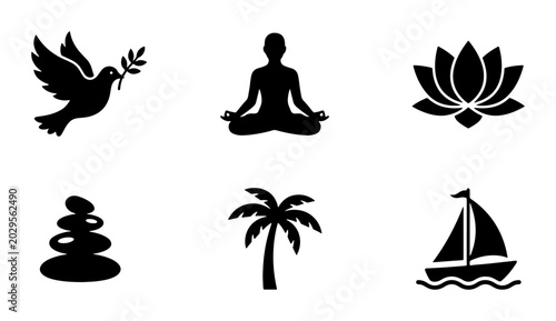 Peaceful Icons: Dove, Yoga, Lotus, Stones, Palm Tree, Sailboat Vector Set
