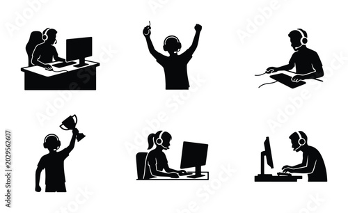 Gaming Icons Set, Esports Player Silhouettes, Computer Gamer Graphics, Online Competition Vector Collection