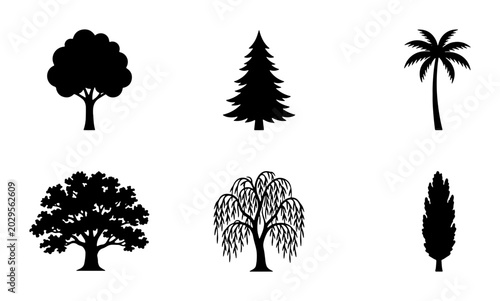 Diverse Tree Silhouettes Vector Set: Oak, Palm, Pine, Willow, Conifer, Round Canopy Trees