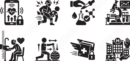 Photos Smart Medical Technology and Emergency Healthcare Services Silhouette Icons Set