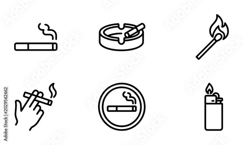 Smoking Icons Set: Cigarette, Ashtray, Match, Lighter, No Smoking Sign, Vector Graphics