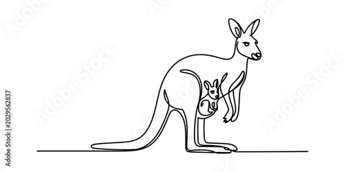 Tableau sur toile Continuous single line drawing of a mother kangaroo with a cute baby joey in her