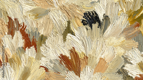 Abstract Floral Impression: A textured oil painting captures the essence of blooming flowers with thick, expressive brushstrokes in warm, earthy tones.