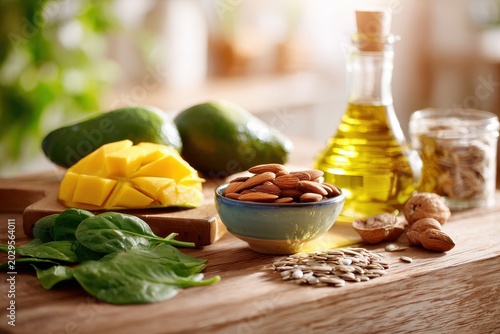 Assorted Vitamin E Rich Foods: Nuts, Seeds, Greens and Oils on a Wooden Board
