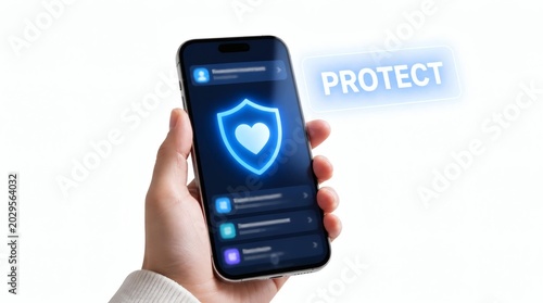 Cybersecurity, mobile phone and protection with hand for data safety, privacy and digital health. Smartphone, shield and heart icon on screen with insurance, software and security app help online